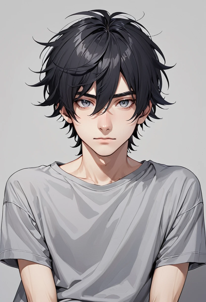 portrait well detailed face skinny lazy 20 year old guy stereotypical gamer bad posture with messy black hair, grey eyes, wearing oversized blank grey t-shirt