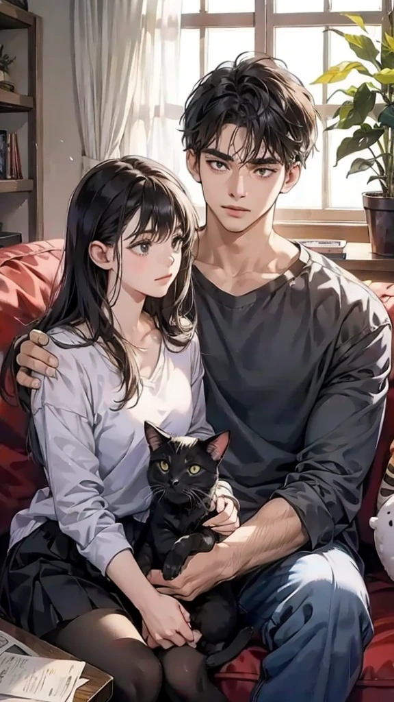 college student couple, Carrying a cat, Sit on the sofa, Black Cat, living room