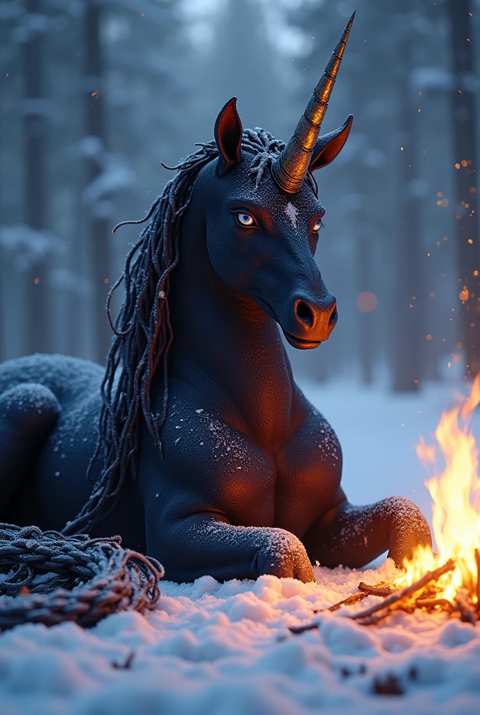 Une licorne noir avec une crinière violete foncée métallisée, assise au coin d'un feu avec son épée plantée da
ns le sol, sous une tempête de neige