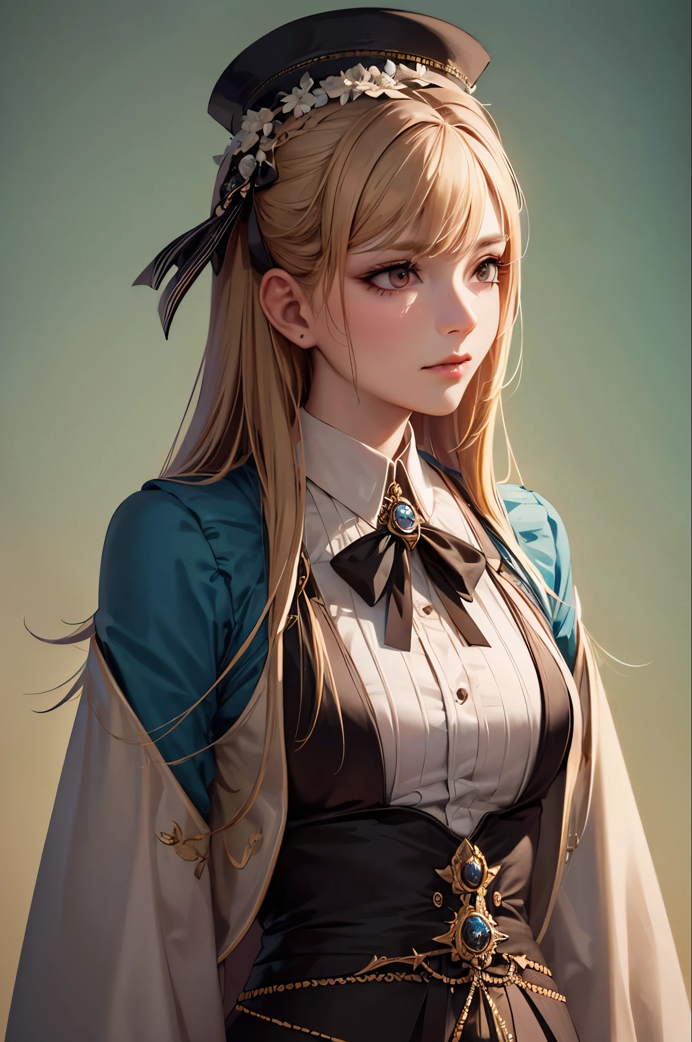 One person, masterpiece, Highest quality, 8k, Detailed skin texture, Detailed cloth texture, Beautifully detailed face, Intricate details, Super detailed, Alice in Wonderland, (A ribbon on her head:1.1), Upper Body