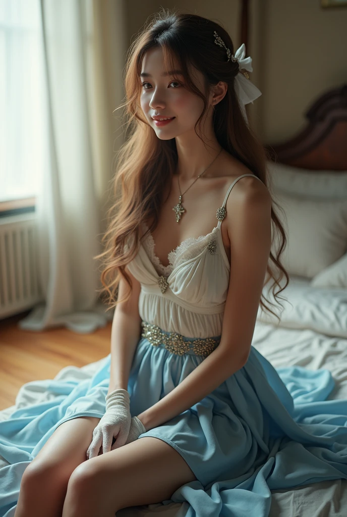best quality, Masterpiece, 1 girl, alone, ferry, long hair, ferryBase, thigh high, bare shoulders, decorations, Sleeveless, white dress, blue skirt, glove, bed room, bed, Wooden floor, sit, sit on bed, Hands on legs, A delicate smile, soft light, full body, wide hips, Medium bust