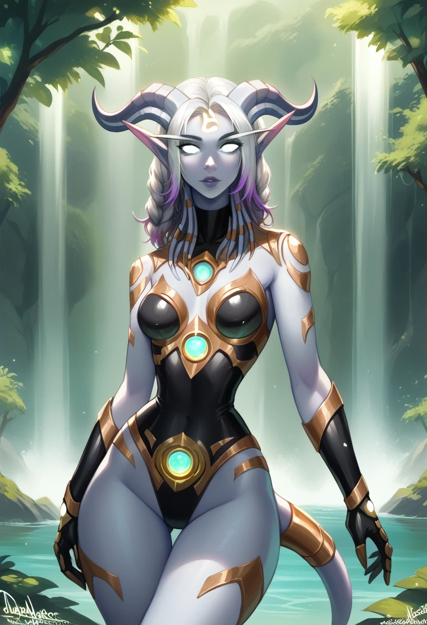 A lightforged draenei and nightelf hybrid woman with pale white skin, long pointy ears and draenei horns, large chest, narrow waist, wide hips, glowing gold eyes, white braided hair with purple highlights, jewelry over the body including on the tail and the horns, lightforged ornaments on the skin, blue and gold mechanical parts cyborg on the chest and hips, leather chocker with a blue gem, nature lake with a a waterfall background, intricate details, hyper realistic, cinematic lighting, dark fantasy, chiaroscuro,volumetric lighting,glowing energy,photorealistic,8k,best quality,masterpiece