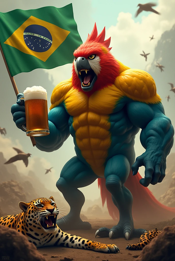 A Brazilian parrot with Brazilian colors and a Brazilian flag in the background muscular in a ferocious humanoid shape screaming madly on a battlefield with several dead jaguars on the ground holding a sign written "Junior is crazy" and in his other hand a large mug of beer