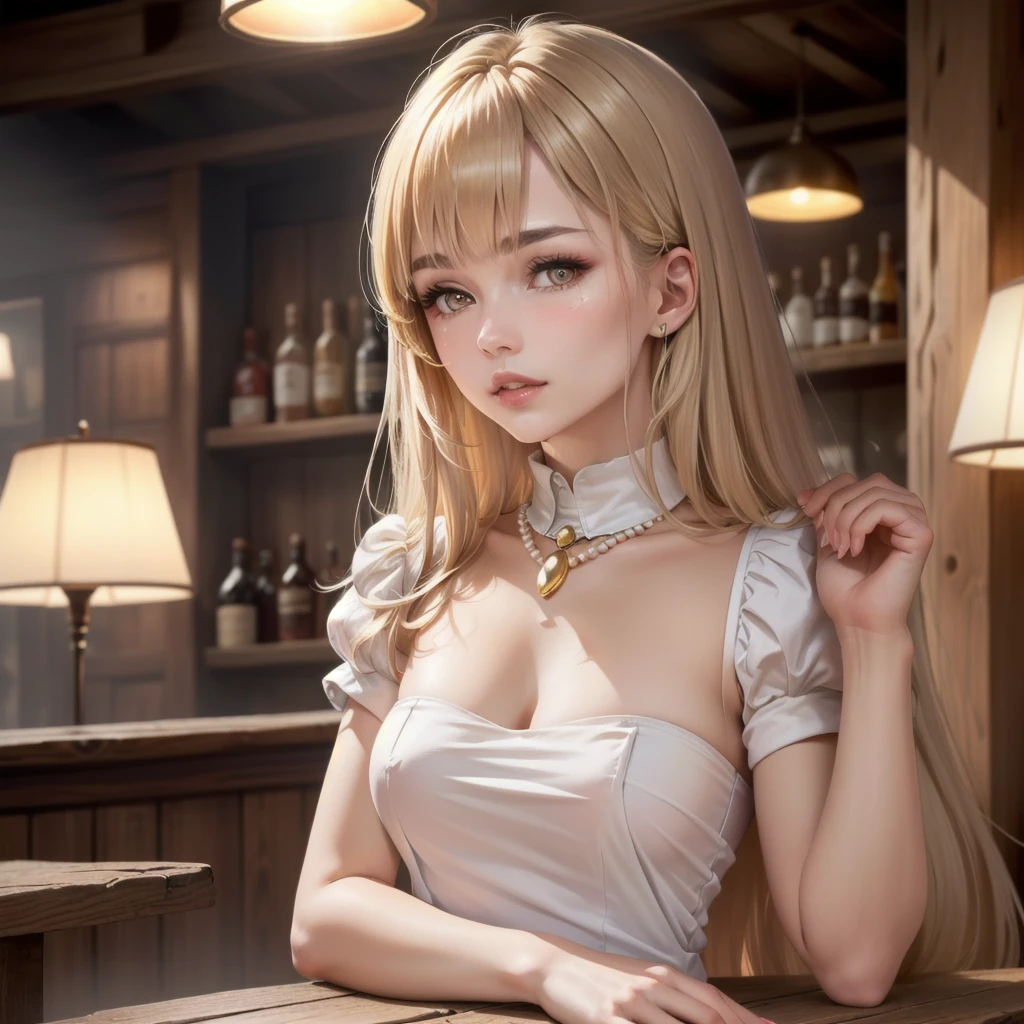masterpiece, (improve quality 1.2) ( Detailed facial features 1.1), ((8K wallpaper)), (beautiful woman and white skin 1.3), ((1 girl asleep at a table in a medieval-style bar)), (with a dim and warm lighting 1.2), (eyes the color of honey), (( slim body 1.2), (dressed as a medieval maid), with a pearl necklace around her neck, ( long light brown straight hair 1.2), with several empty wooden glasses on the table.