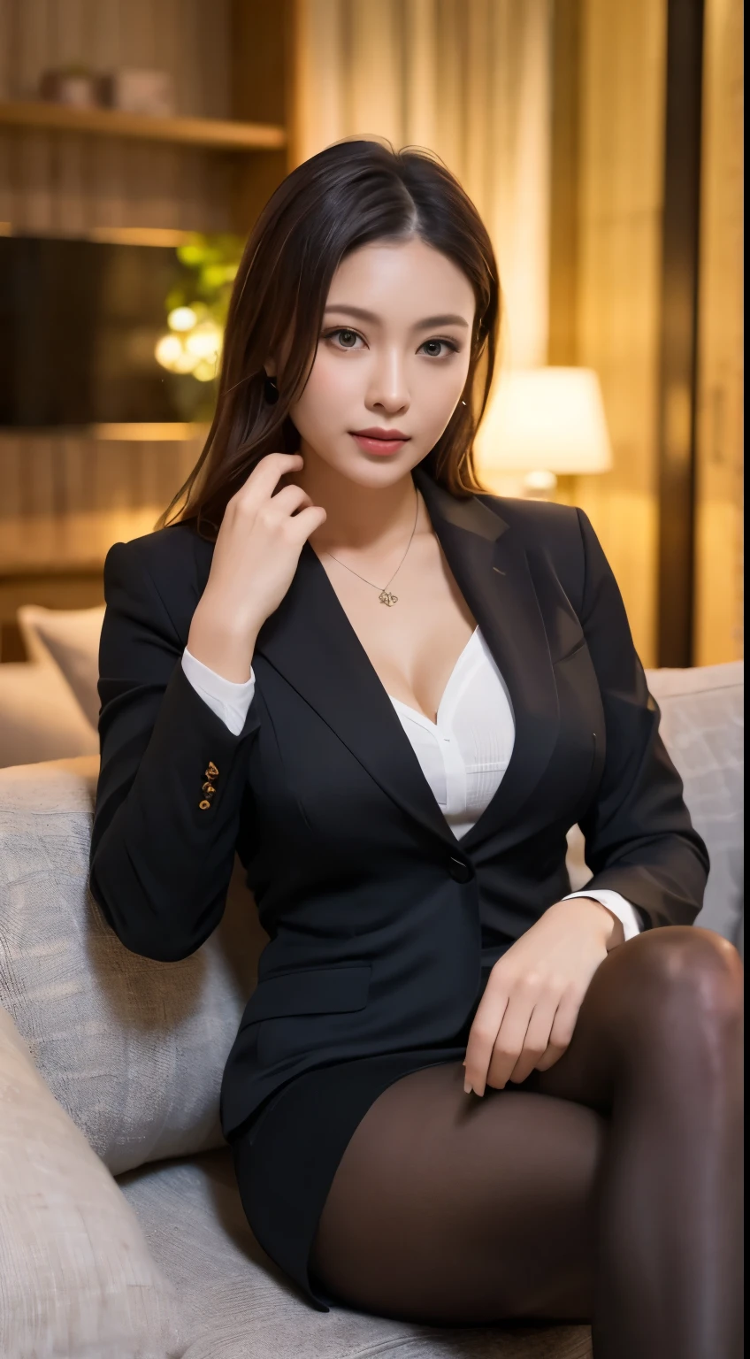 (((masterpiece))), (((Highest quality: 1.4))), ((Very detailed: 1.4)) ,
There is a woman sitting cross-legged on the sofa, (Wearing ultra-realistic pantyhose)、((Wearing a strict business suit)), Skirts and pantyhose、Various poses, 30-year-old woman, 30-year-old woman, Beautiful mature woman, translator, height: 165cm, Full Leg、RAW Photos, (8k、Highest quality、masterpiece:1.2)、(Intricate details:1.4)、(Realistic:1.4)、Octane Rendering、Complex 3D rendering with ultra-detail, Studio Lighting, Rim Light, Sharp details, Super Detail, Realistic skin texture, detailed aspects, Beautiful details in the eyes, Very detailed CG Unity 16k 壁紙, compensate, (Detailed Background:1.2), Shiny skin、turn around、Bare thighs!!!、