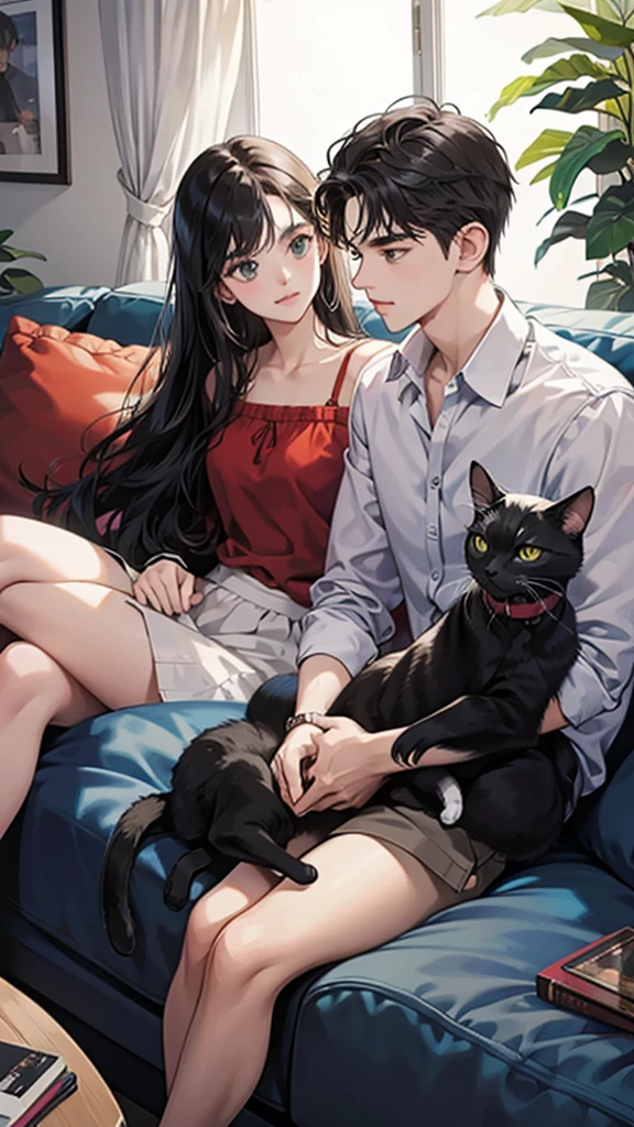 college student couple, Carrying a cat, Sit on the sofa, Black Cat, living room