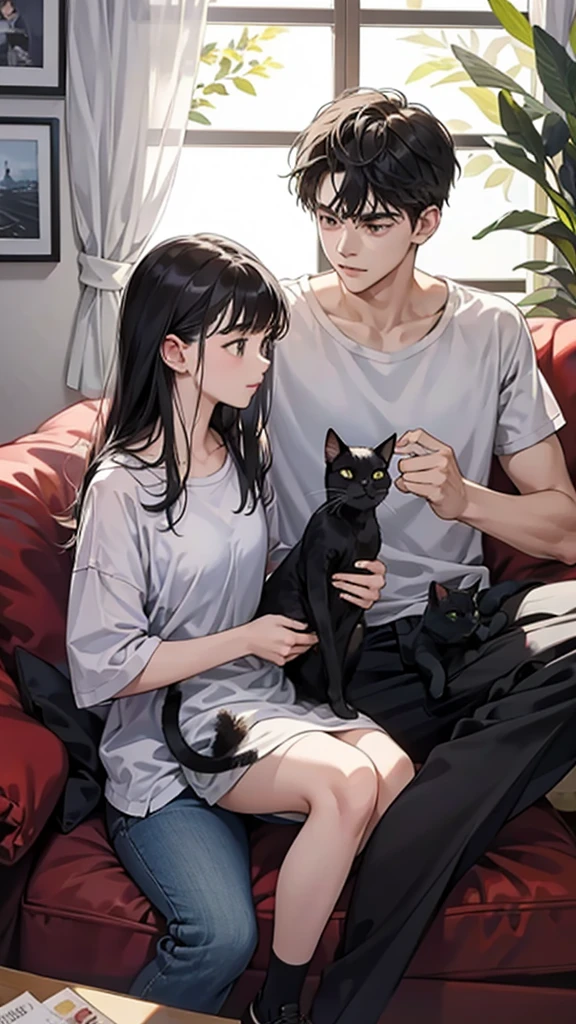 college student couple, Carrying a cat, Sit on the sofa, Black Cat, living room