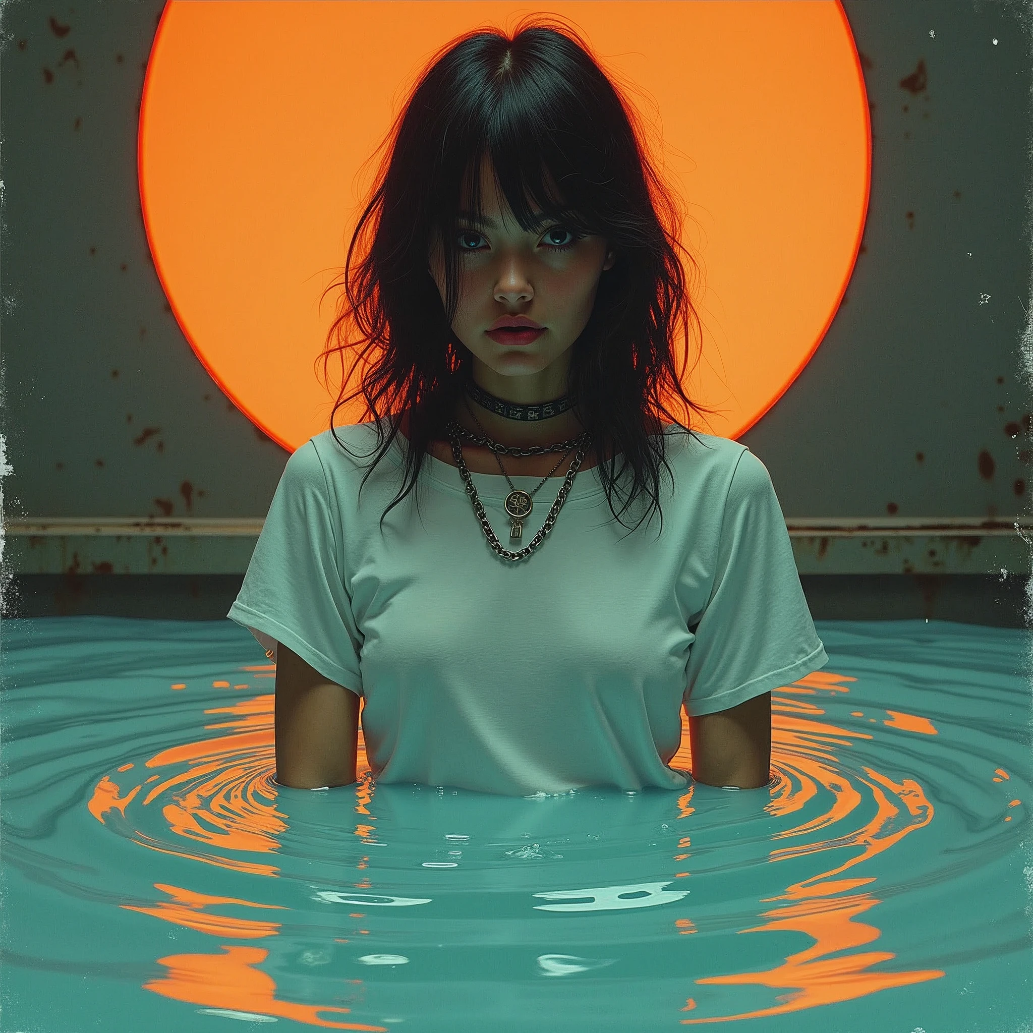 70s setting, grainy analog film, abstract art, stylish legend, artwork, conceptual art, drama, indulges in fetish, vintage, t-shirt, slave collar, drowned in slime, orange blue, black, void
