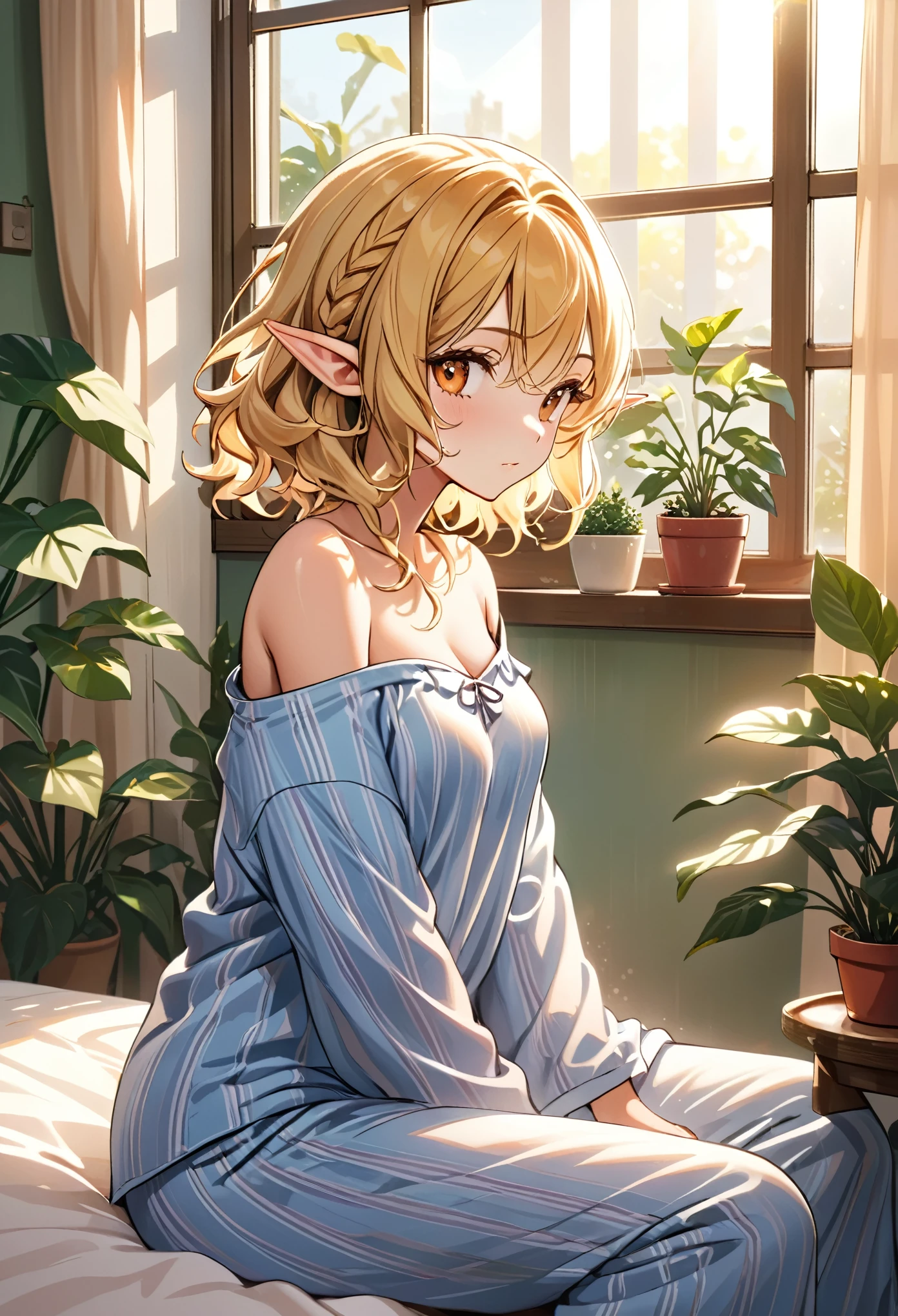 (mastepiece:1.2), detailed fingers, beautiful woman, sitting on bed, wearing loose off-shoulder top, pajama pants, blonde hair, short wavy hair, indoors, soft lighting, plants in background, window with sunlight, cozy room, relaxed pose, intricate details, warm colors, pointy ears, elf