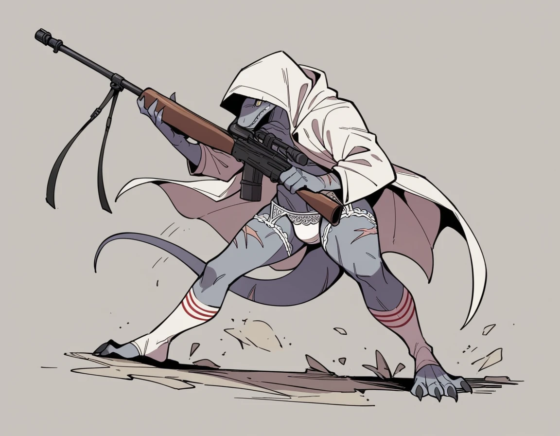 One person、Lizard man wearing white lace underwear、middle aged、Skinhead、masterpiece、Highest quality、Silver body、There are scars on the body、Sharp Eye、Lizard man wearing a lace bra、Knee-high socks、garter belt、Long, thin tail、White hooded coat、Hold a sniper rifle、In the ruins、Sliding towards the front、Action composition、Gunfight