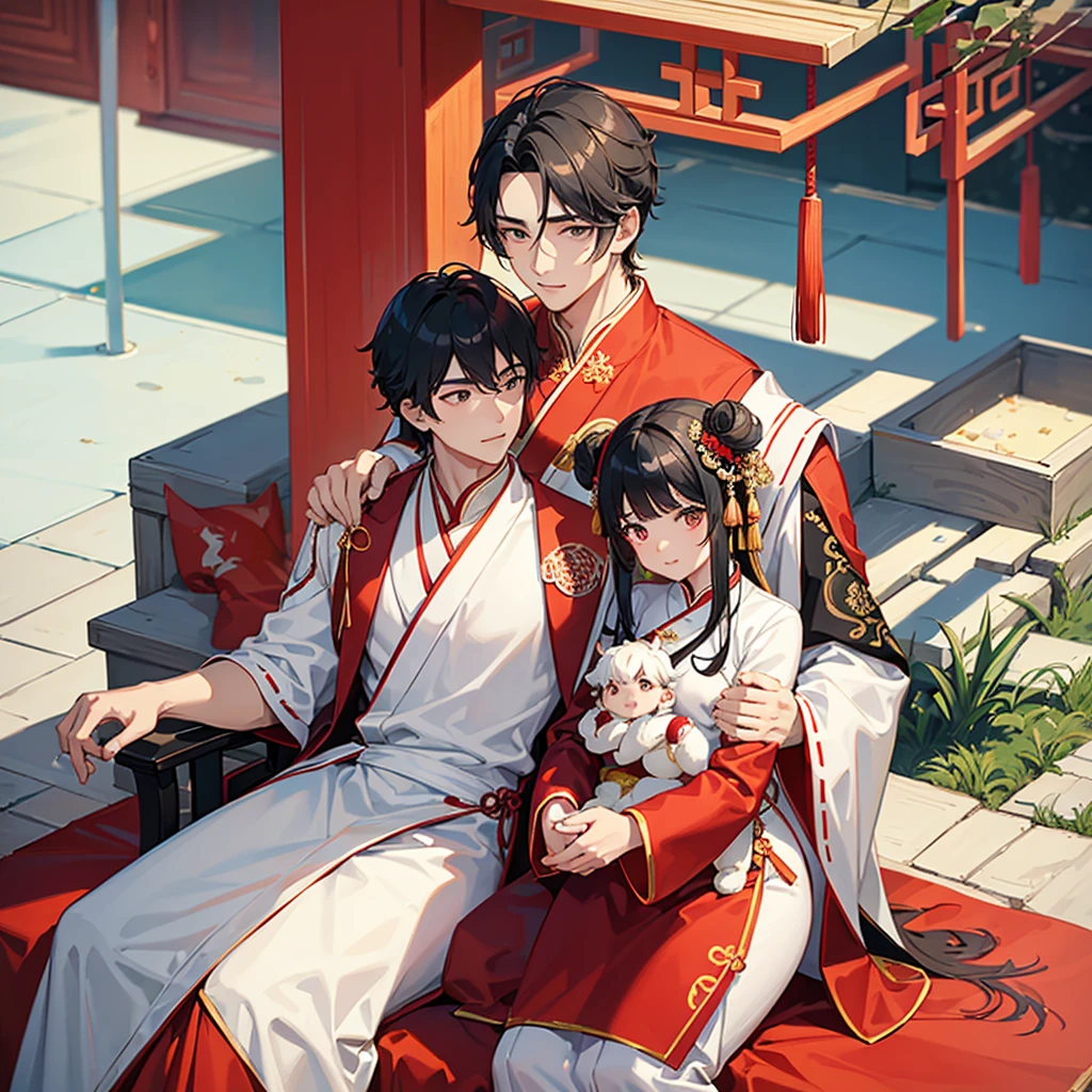 a handsome young man with a good face and a gentle face, wearing a white ancient Chinese costume, sitting on a chair, hugging his little sister, who is 1year old, with her hair tied in two buns, black hair, in a red Chinese new year costume, in the morning, there is sunlight shining in the front yard garden.