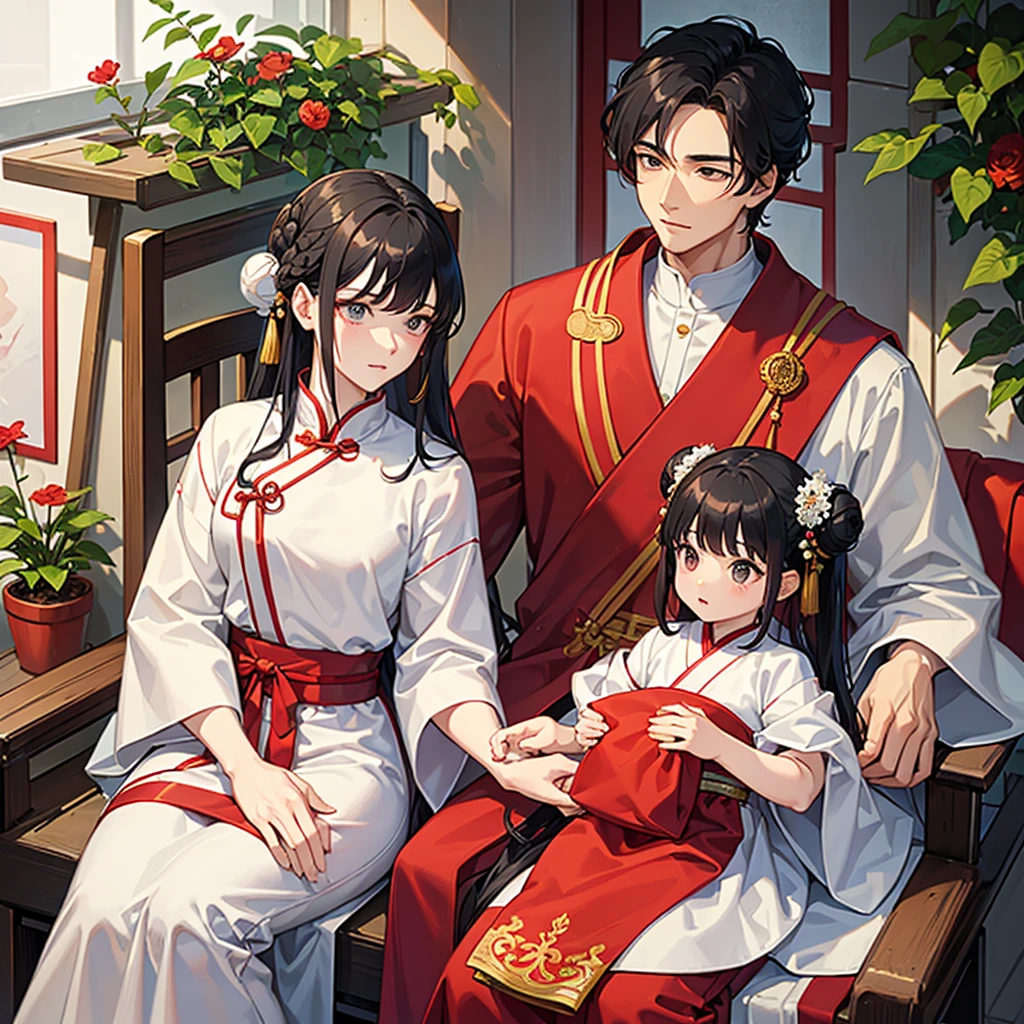 a handsome young man with a good face and a gentle face, wearing a white ancient Chinese costume, sitting on a chair, hugging his little sister, who is 1year old, with her hair tied in two buns, black hair, in a red Chinese new year costume, in the morning, there is sunlight shining in the front yard garden.