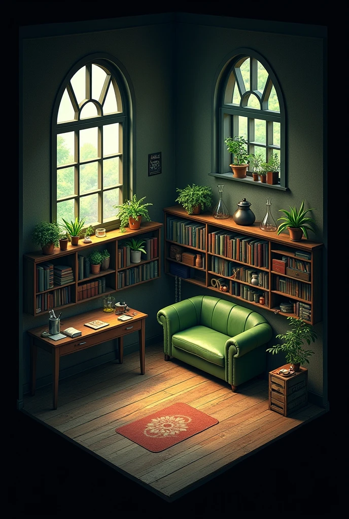 The inside of a square hut with purple and right windows. The color scheme is dark brown and dark green. The hut seems mysterious and dark The hut consists of only one room, which looks like a mixture of living room, Workroom and laboratory. Colorful plants stood on the window sills of the two large arched windows. On the wall opposite the door stood a green sofa surrounded by bookshelves. On the left side in front of the window was a large desk made of dark wood, on which some books were scattered. Opposite it stood a kettle and a few shelves with corked glass flasks. The windows are on the left and right wall. All wood is very dark brown and there is no window on the middle wall