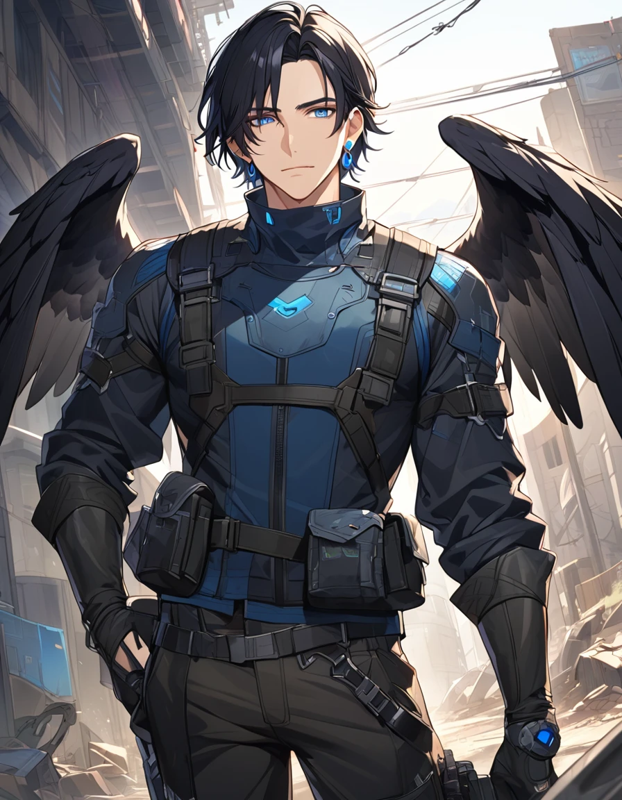 male, black hair, blue eyes, blue earrings, scavenger clothes, black wings, handsome