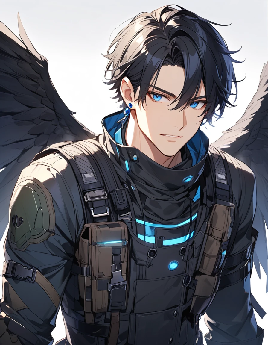 male, black hair, blue eyes, blue earrings, scavenger clothes, black wings, handsome