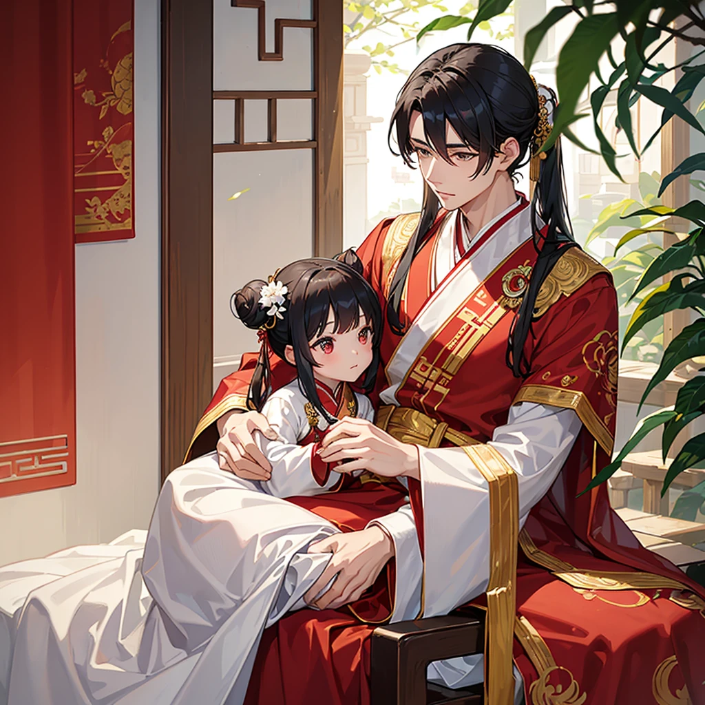 a handsome young man with a good face and a gentle face, wearing a white ancient Chinese costume, sitting on a chair, hugging his little sister, who is 1year old, with her hair tied in two buns, black hair, in a red Chinese new year costume, in the morning, there is sunlight shining in the front yard garden.