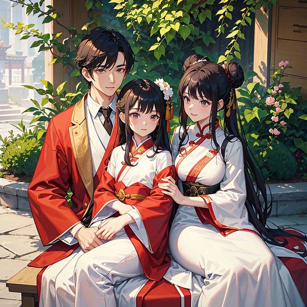 a handsome young man with a good face and a gentle face, wearing a white ancient Chinese costume, sitting on a chair, hugging his little sister, who is 1year old, with her hair tied in two buns, black hair, in a red Chinese new year costume, in the morning, there is sunlight shining in the front yard garden.