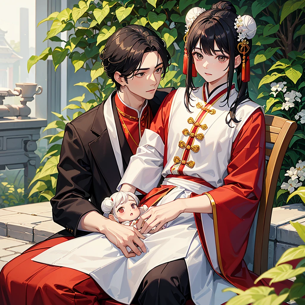 a handsome young man with a good face and a gentle face, wearing a white ancient Chinese costume, sitting on a chair, hugging his little sister, who is 1year old, with her hair tied in two buns, black hair, in a red Chinese new year costume, in the morning, there is sunlight shining in the front yard garden.