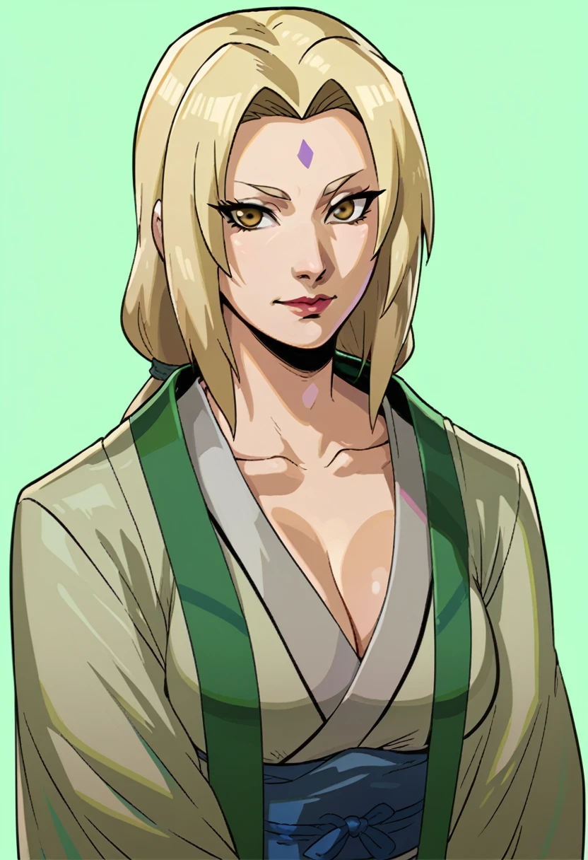 score_9, score_8_up, score_7_up, BREAK shadow, portrait, 1girl, solo, green background, tsunade \(naruto\), green shawl, mature female, forehead mark, blonde hair,