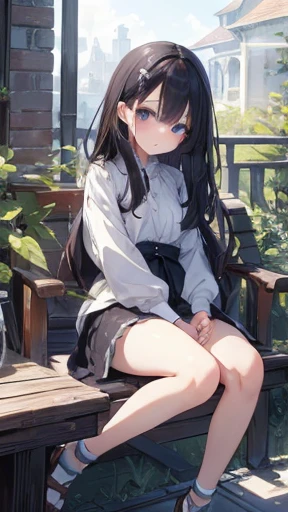 masterpiece、Highest quality、Highest quality、(((On top of that)))、 ((small))、Hair quality and shine、顔がsmall、Sitting、Very detailed, beautiful, Big eyes、Very detailed, clear and beautiful faces、(Cute illustrations:1.2), High resolution, Very detailed, Highest quality, Embarrassing ,Large Breasts、Long black hair