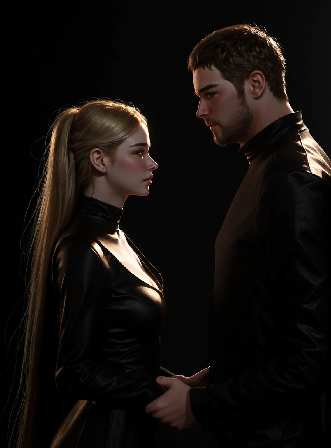 (( big man short brown hair ))with ((1woman blonde long hair)),, simple background , bokeh , lovers , couple , art style guweiz , simple background , bokeh , lovers , couple ,Height difference,