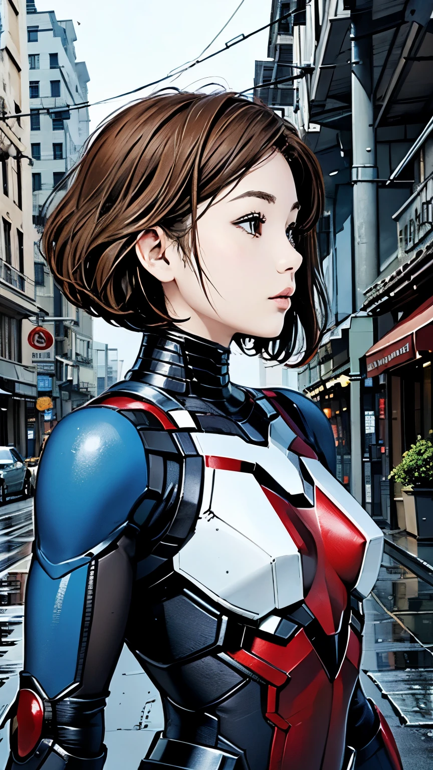 Ant-Man、woman、22 years old、woman体型、profile、Moderate bust、Upper Body、blonde、Mechanical Suit、Highest quality、Masterpiece、scenery、City、rain。