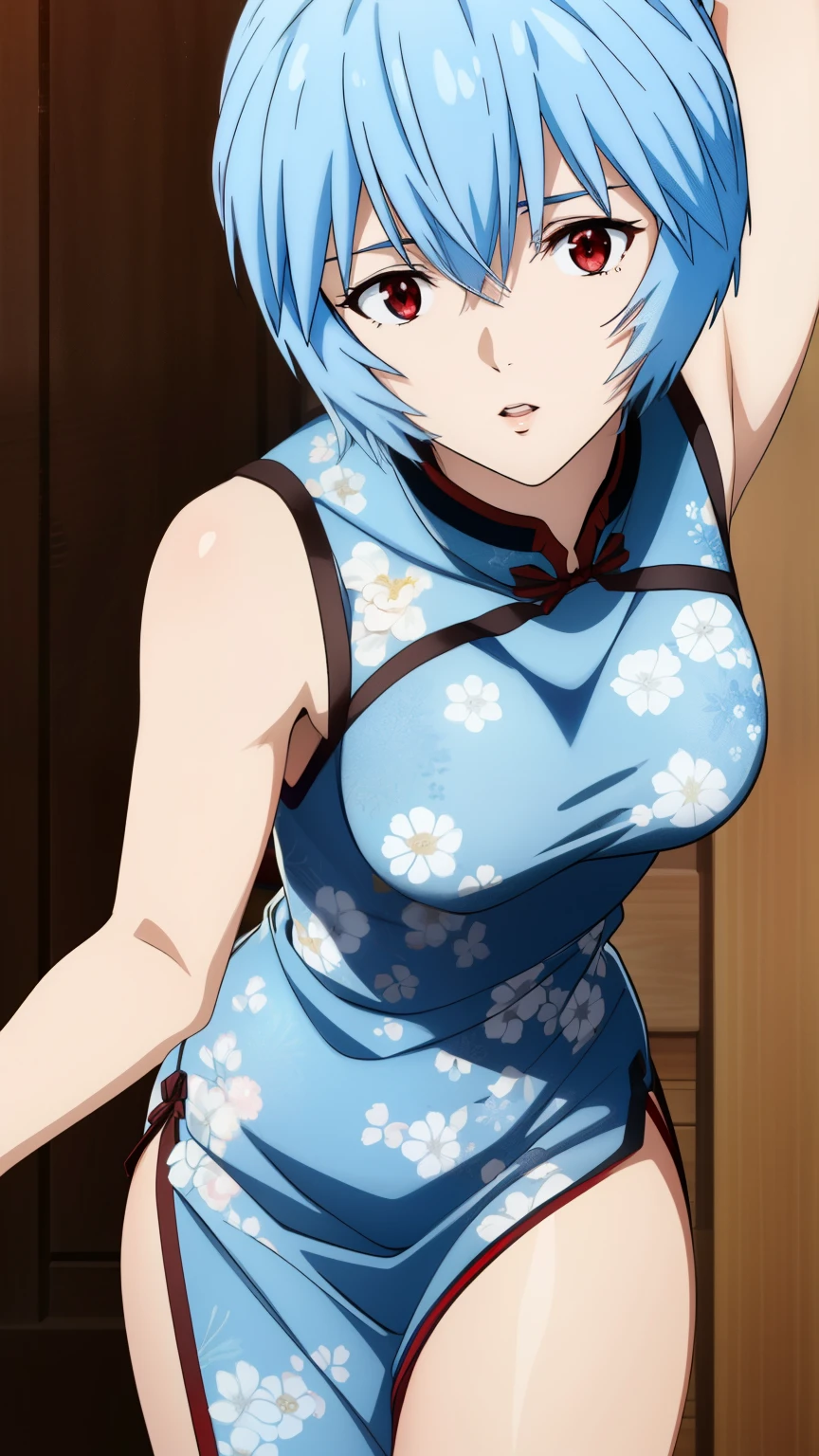 (Top Quality, Masterpiece, 8k:1.2), Ultra Detailed, High Resolution, Anime, 1 Girl, Solo, EPsoaSinon, Short Hair, Light Blue Hair, Detailed Jewel Eyes, Hair Between Eyes, (Hair Accessory:1.2), Hair Clip, Side Locks, Short Hair With Long Hair, (china dress, sleeveless, indoor:1.1), dynamic Angle, Cowboy Shot,looking at viewer,