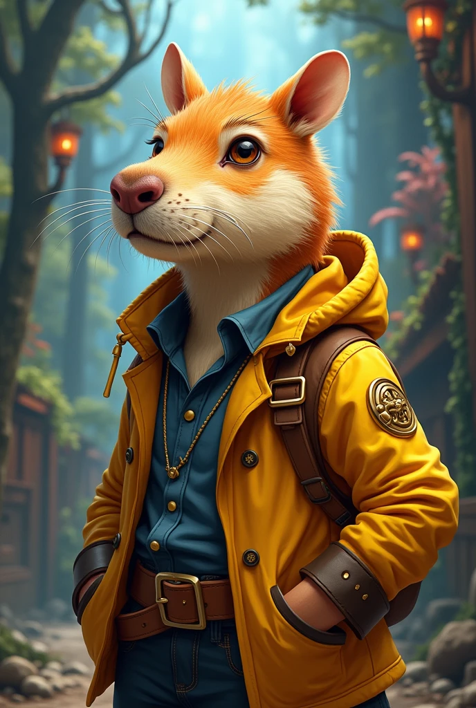 (work of art, best qualityer, detailded), painting of a capybara with a yellow jacket, pirate capybara, anthropomorphic capybara, gamer player, portrait of an adventurer, d & of fantasy art, stunning digital illustration,