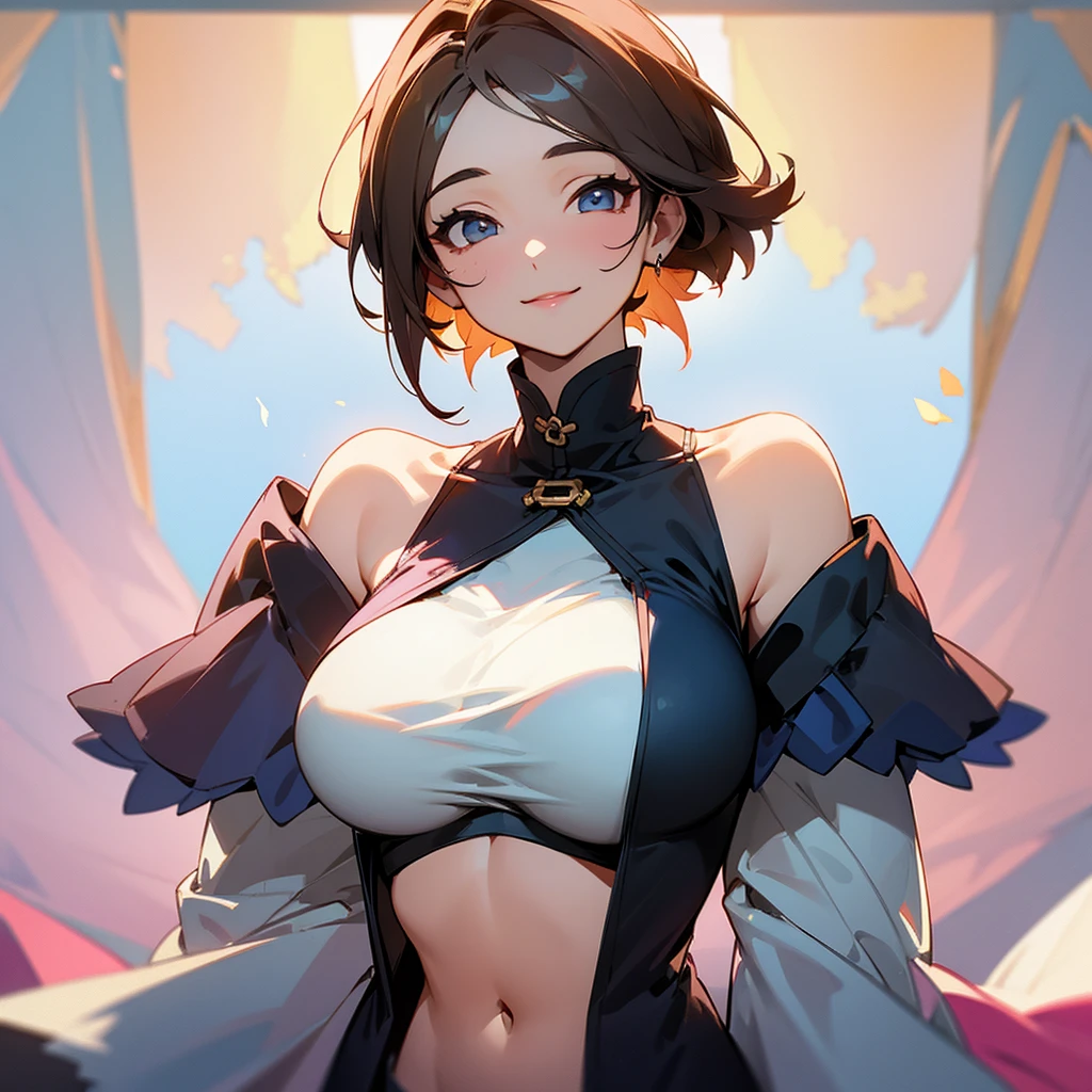 Big breast beauty、A motherly older sister、Shoulders and navel are completely visible、smile、cute、Clothes with very little fabric(Upper Body+Lower Body)、
