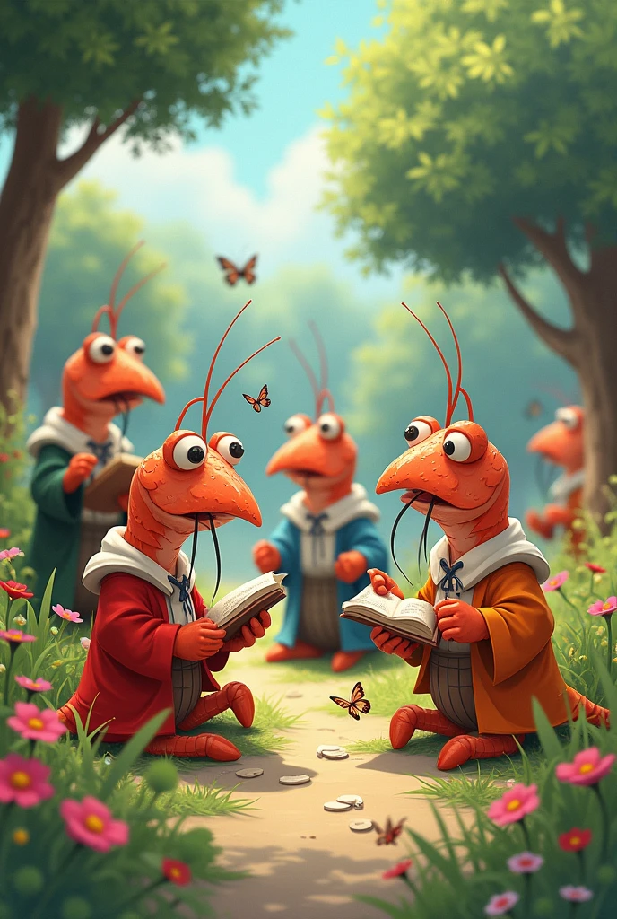 Shrimp studying in the schoolyard with his shrimp friends 