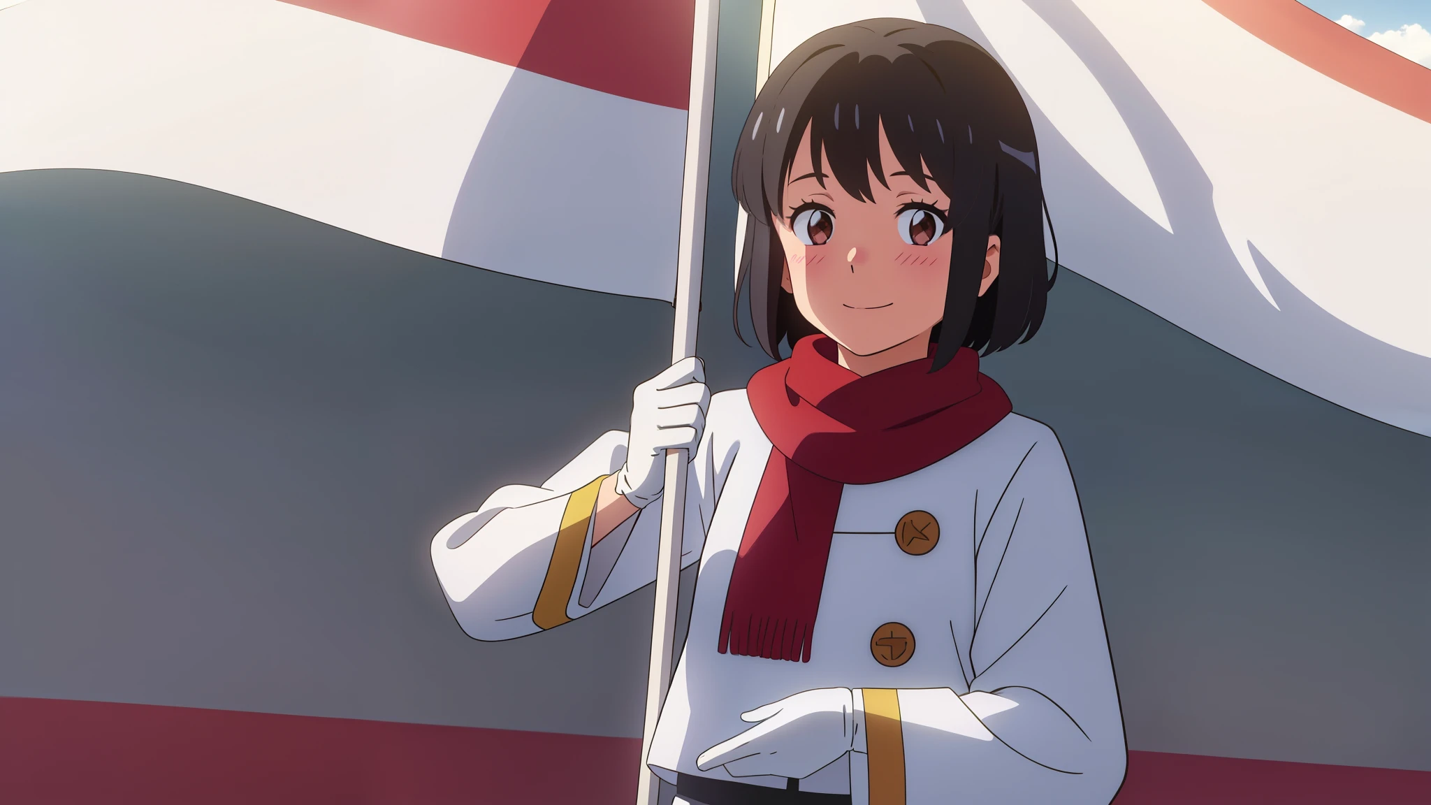 shinkai makoto, kimi no na wa., 1girl, solo, bangs, black hair, brown eyes, short hair, cute, smile, blush, The flag-raising outfit, black cap, white shirt, white skirt, long sleeves, white gloves, holding a red and white flag, red and white flag, red scarf, flag ceremonial square background