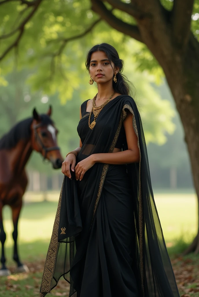 A Indian girl wore black saaree with horses under the tree 