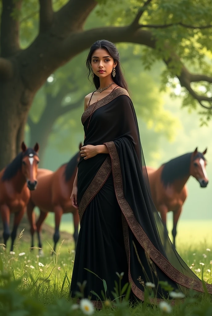 A Indian girl wore black saaree with horses under the tree