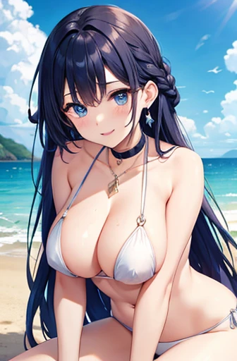 Highest quality、Highest quality、masterpiece、(8k),beauty(Age 25)、Navy blue long hair(Braiding of sides)、blue eyes、Completely naked、Nipples、Big cleavage、(Big Breasts)、smile、blue necklace、Blue Earrings、background(Beach)、Please open your mouth wide、bracelet、Arch Pose、Blue choker