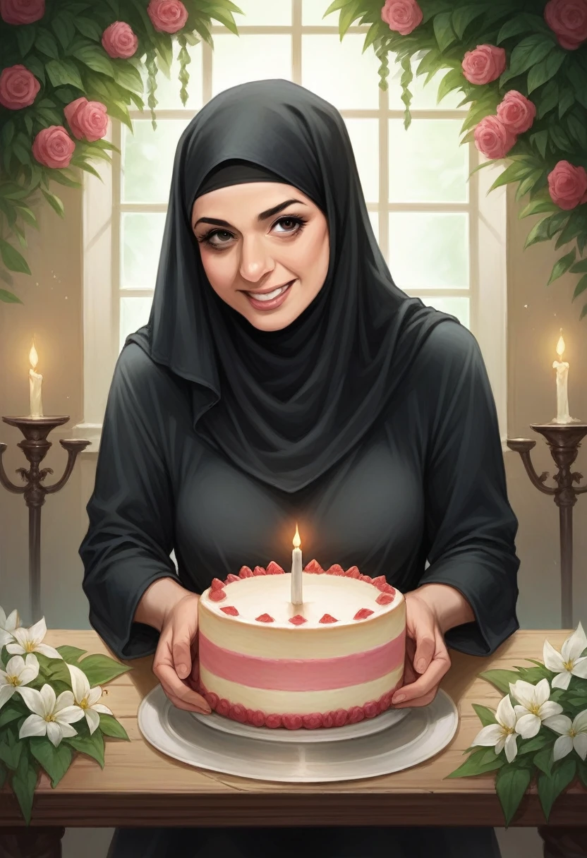 Indonesian couple photo, is celebrating his 10th birthday "29" , bring a birthday cake,
In front of the house, cheerful face, realistic, women wear the hijab,black haired man daytime atmosphere , There are many flowers in the garden, on top of the cake there are candles in the shape of numbers "29",there is a camera on the table, realistic