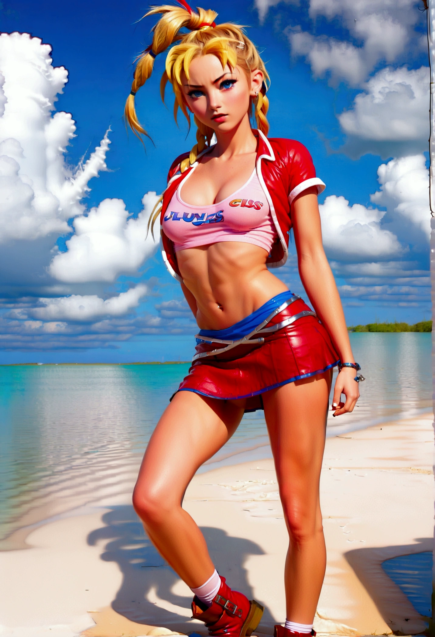 (promotional art), (full length portrait:1.4), (Kid from Chrono Cross), BREAK: yellow hair in high ponytail braid, sapphire blue eyes, very slender toned frame, lanky thin build, medium-large perky bust, aroused expression, underboob showing, BREAK: (skin tight skirt), (red front slit micro skirt:1.4), (3/4 cropped (RED) short-sleeve jacket:1.3), white top under jacket,(shirt clings to nipples:1.3)), loose brown ankle boots, loose leather boots, BREAK: (wide field of view composition:1.3), centered, (hands behind head pose), thighs open pose, walking with long stride, mid-stride walk, white sand beach setting with Azure blue water and puffy clouds. 