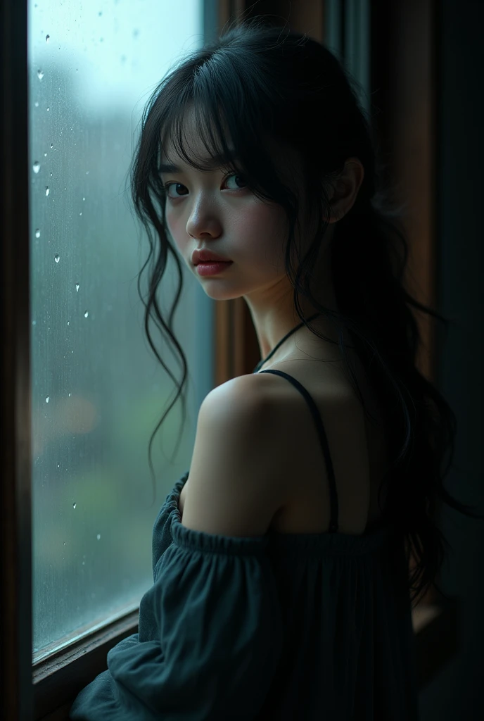 Top Quality, Masterpiece, Ultra High Resolution, (Photorealistic: 1.4), Raw Photo, 1 Girl, Off Shoulder, Darkness, Deep Shadow, Low Key, Cold Light, window and rainy day