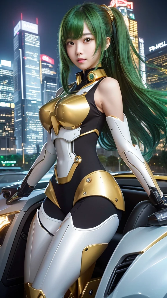 Illustrations featuring beautiful Asian girls。She has a slender and cute figure、Delicate and beautiful facial features stand out。(((She has a gold and green ultra-precise mecha upper body.)))Nimatoi、He is holding the steering wheel tightly as he rides in a futuristic convertible.。A futuristic cityscape spreads out in the background.、Ultra-high resolution and top quality required。Emphasizing realism and reality、With the clarity of a RAW photo。The overall beauty is inspiring.、A highly detailed masterpiece。