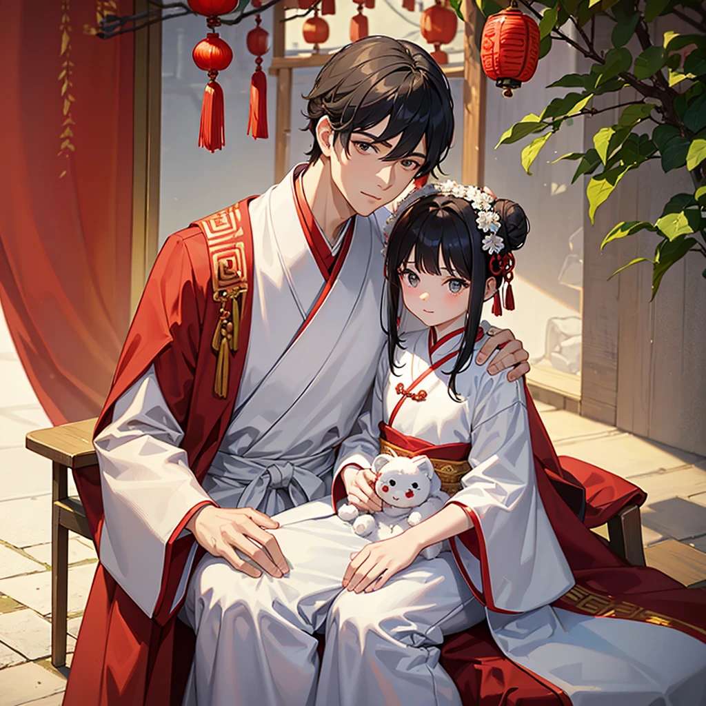 a handsome young man with a good face and a gentle face, wearing a white ancient Chinese costume, sitting on a chair, hugging his  sister, who is 1 year o her hair tied in two buns, black hair, in a red Chinese new year costume, in the morning, there is sunlight shining in the front yard garden.