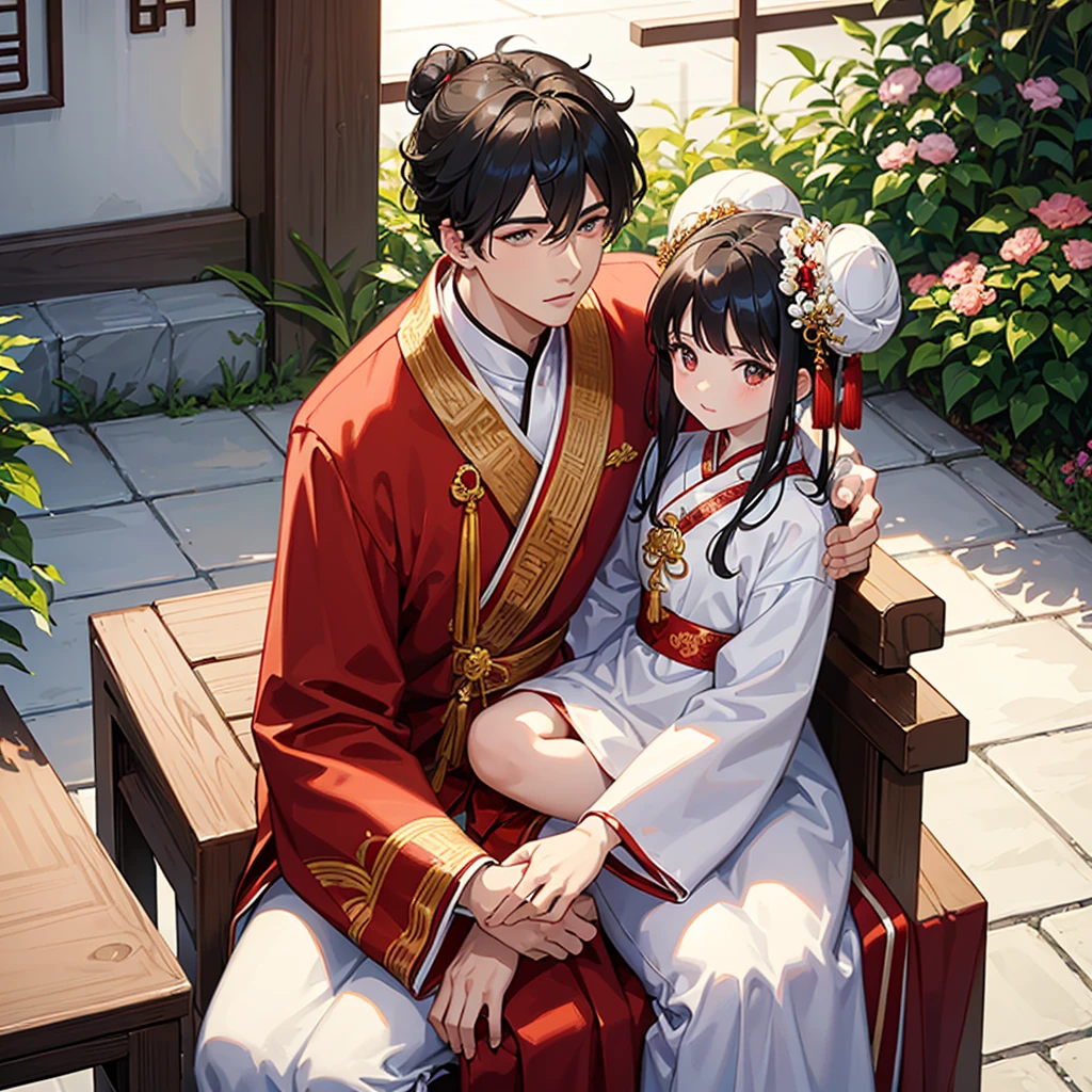 a handsome young man with a good face and a gentle face, wearing a white ancient Chinese costume, sitting on a chair, hugging his little sister, who is 1 year old, with her hair tied in two buns, black hair, in a red Chinese new year costume, in the morning, there is sunlight shining in the front yard garden.