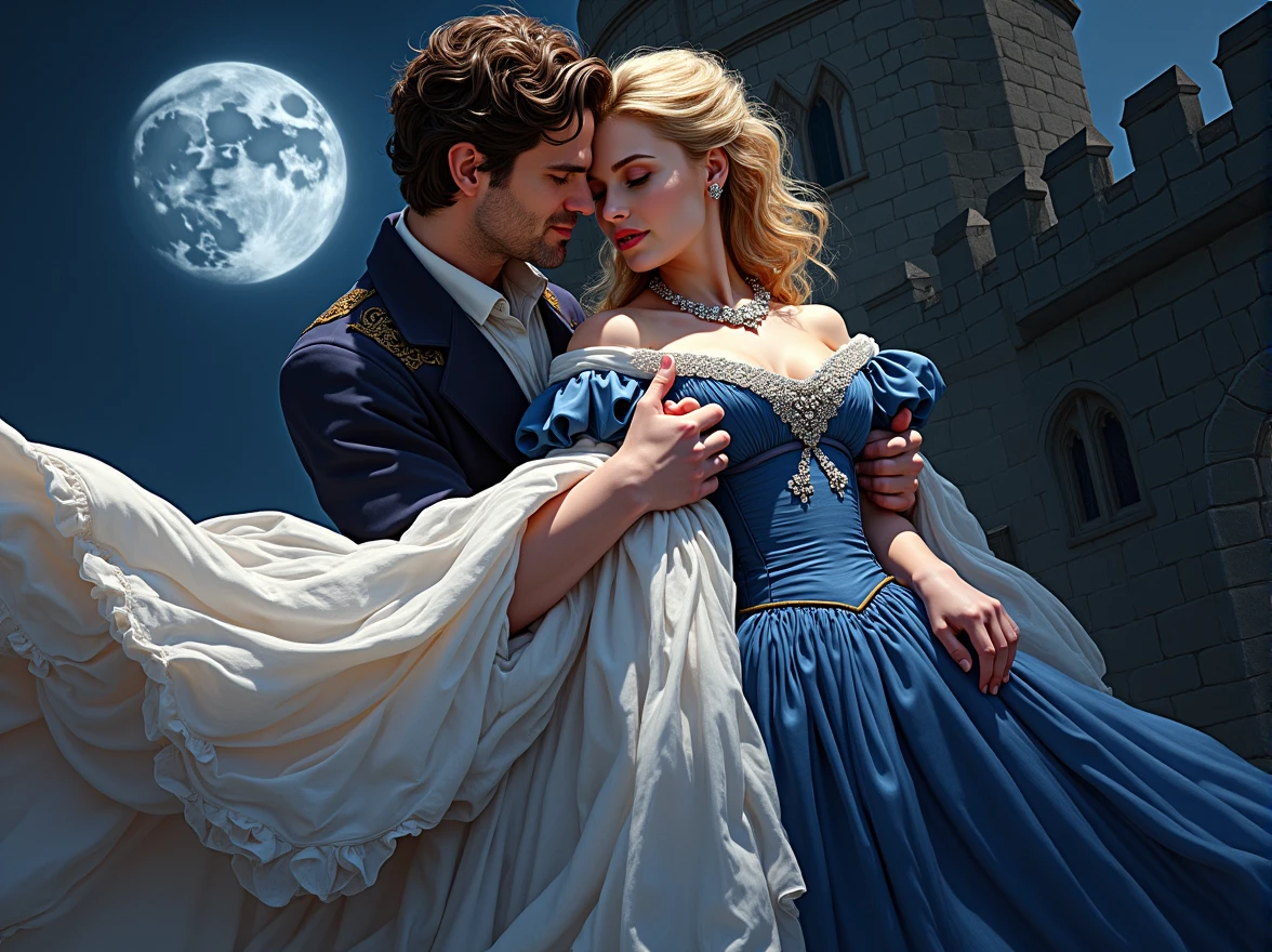 Henry Cavill hugs Ellie Bamber with blond wavy hair,blond lady, adorning a Victorian blue dress, s, in an age-accurate portrayal, their figures radiating realism with precise anatomy and proportions, under the moonlight, in the grandeur of an ancient castle setting , her plump lips and European face illuminated with a mesmerizing look at the viewer, a shiny necklace around her neck, love, romance,man is taller than woman