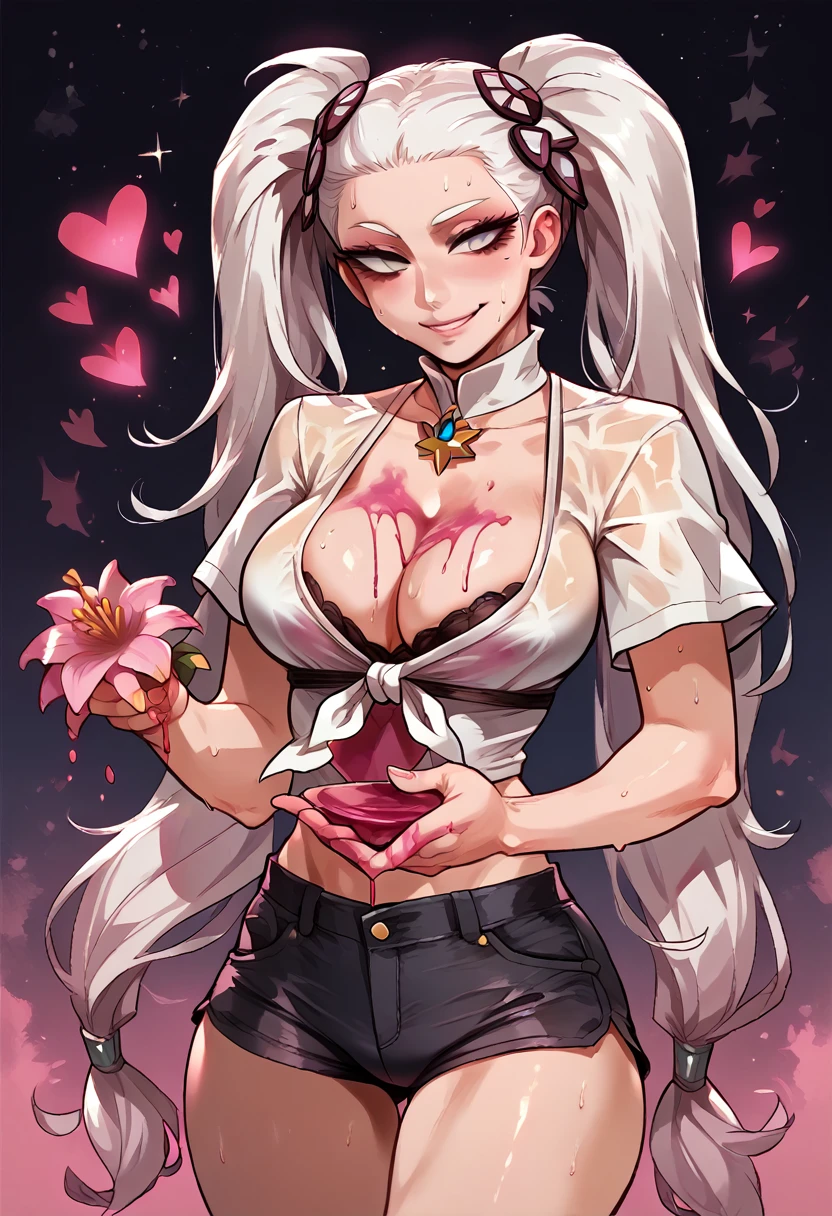 mixed_artwork style, cleavage, sweaty, 1 girl, standing alone, hands, beautiful woman, Asian, thick, short white blouse tied, big cleavage, short shorts, breasts, ptinta eyes, white hair ptinta locks, twin tails, lotus flower details, sarcastic smile, star and heart touch, ink, realistic, textures, 8K, perfect hand, perfect anatomy, 