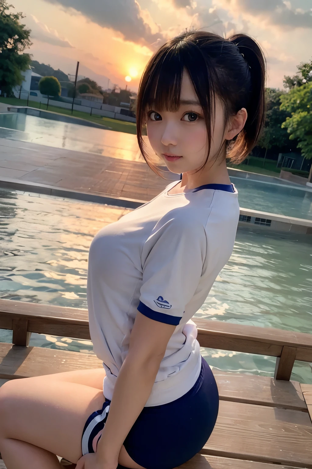 ultra highres,(reality: 1.4),highest quality, masterpiece, high detail, 16K quality, beautiful, 1 beautiful girl,japanese,super beautiful face,baby face,japanese idol face,cute face,super detailed face,detailed hand,beautiful skin,sweaty skin,big eyes,big smile,profeccional lighting,medium hair, black hair,brown beautiful eyes, gym uniform,school gym navy buruma, white shirt, short sleeves, standing,spreag legs,medium breasts,puffy nipples,high socks,she is looking at the camera,pool side,blue sky,nsfw,back shot,
