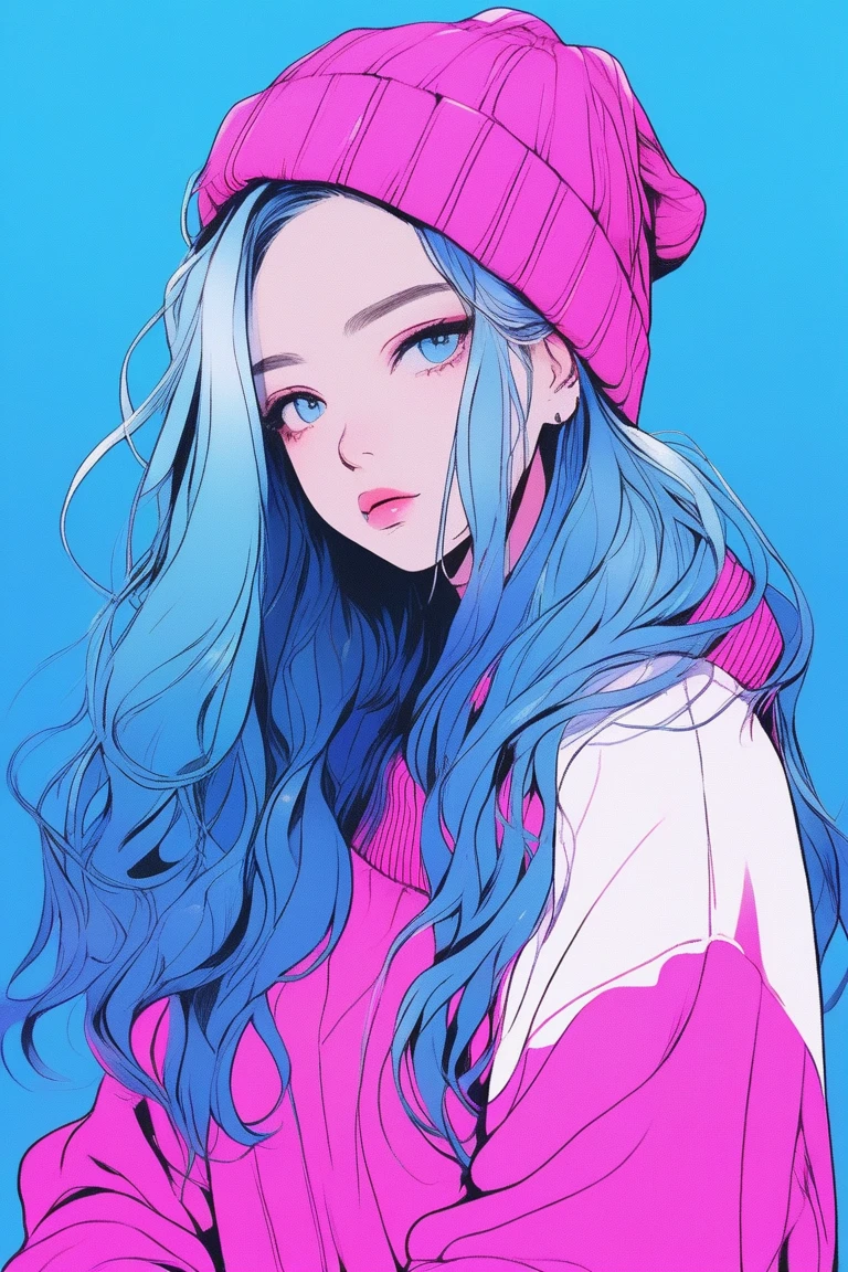Illustrator, anime , Realistic ,sketch , 1 person, ,lip, sweater, whole body, order, Blue gradient background, Neon Long Hair,Texture Trim, Canadian, (masterpiece,Highest quality) Cancer
