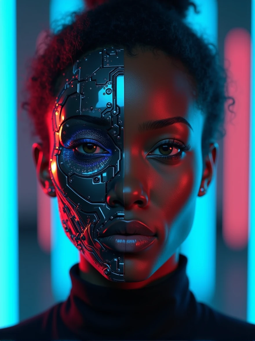 Front view of a young black college woman, with half her face human and the other half robotic, illuminated by blue and red neon lights.