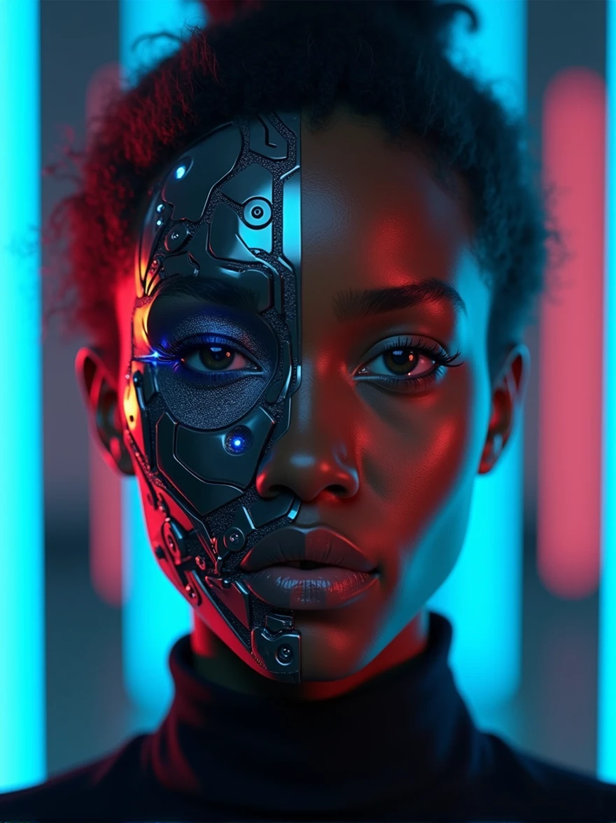 Front view of a young black college woman, with half her face human and the other half robotic, illuminated by blue and red neon lights.