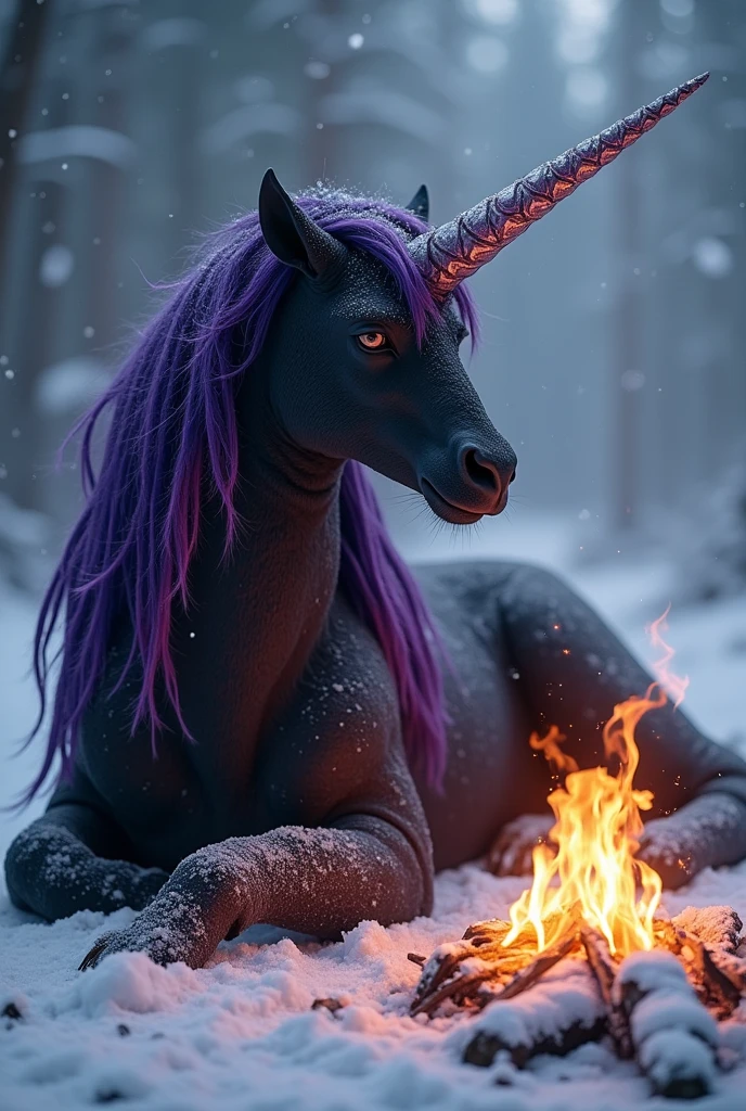 Une licorne noir avec une crinière violete foncée métallisée, assise au coin d'un feu avec son épée plantée dans le sol, sous une tempête de neige.