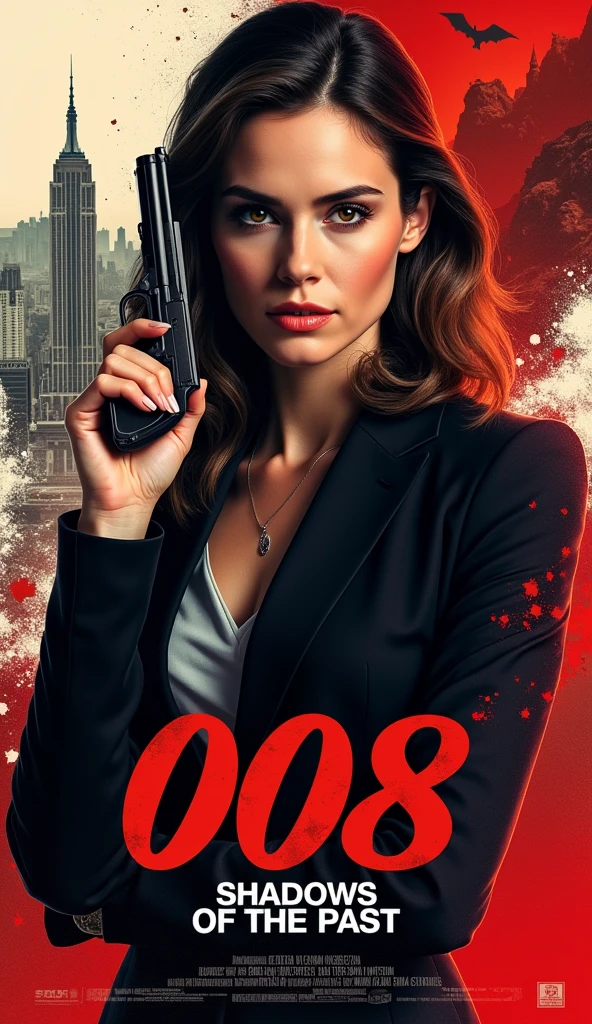 A striking and appealing cinema poster featuring a stylish portrait of a young elegant woman in the style of a bond girl with walther ppk
The title of the film "008: Shadows of the Past" is large and easy to read, in a distinctive font.
Background: A thematically appropriate background, an urban skyline, an exotic location and a dramatic landscape
Credits: At the bottom of the poster are often the names of the main actors, director and other key contributors, production studio.