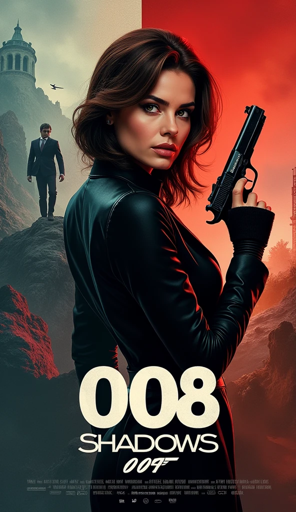 A striking and appealing cinema poster featuring a stylish portrait of a young elegant woman in the style of a bond girl with walther ppk
The title of the film "008: Shadows of the Past" is large and easy to read, in a distinctive font.
Background: A thematically appropriate background, an urban skyline, an exotic location and a dramatic landscape
Credits: At the bottom of the poster are often the names of the main actors, director and other key contributors, production studio.