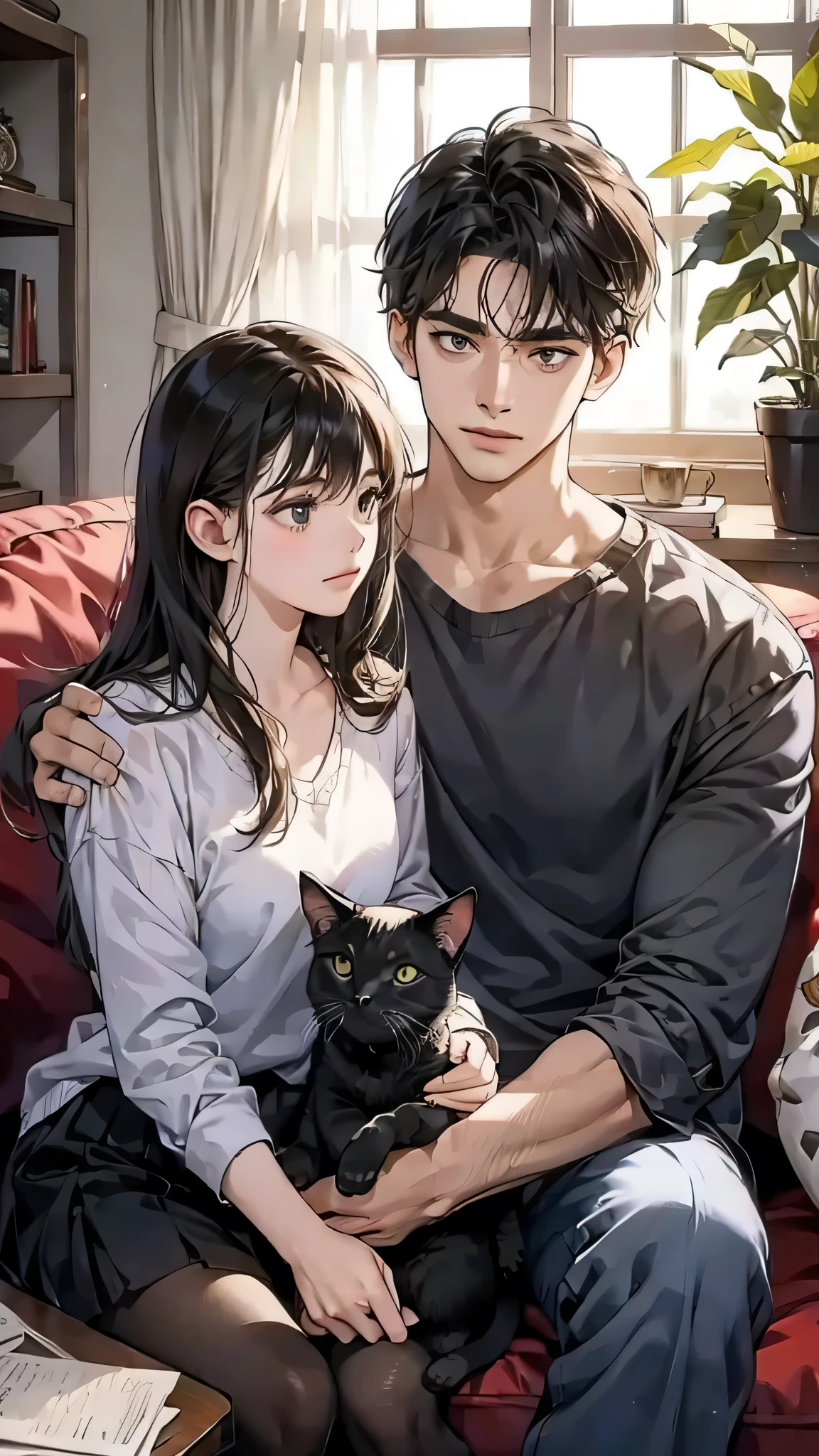 college student couple, Carrying a cat, Sit on the sofa, Black Cat, living room